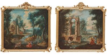 384. FRENCH ARTIST 18th CENTURY. A pair of overdoors with a shephard scene with bird house and  a shephard scene with ruin.