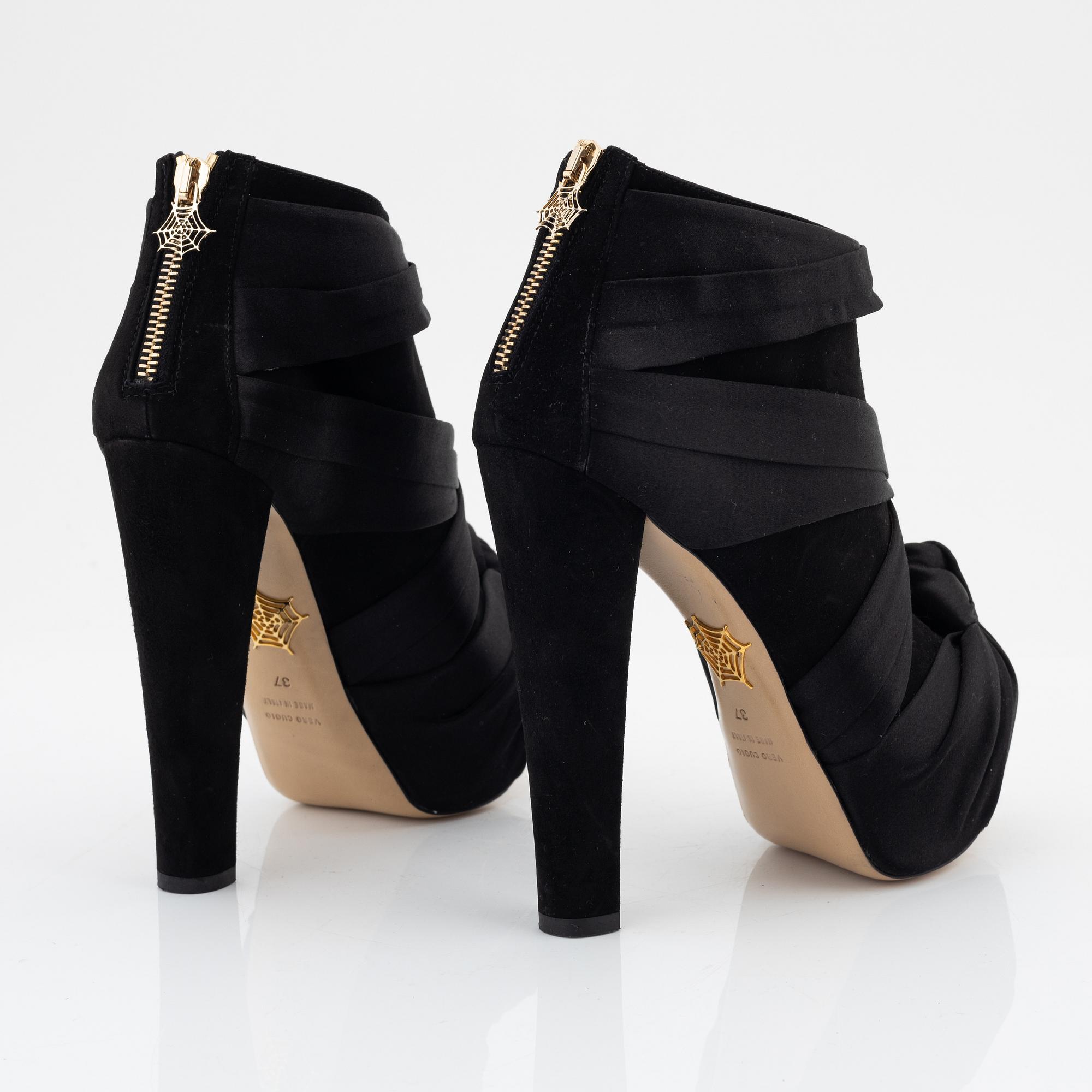 Charlotte Olympia, a pair of black suede and silk platform boots, size 37.