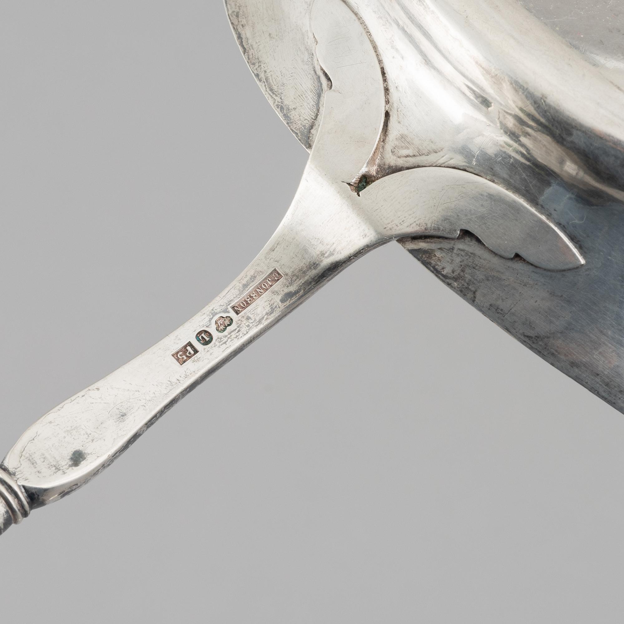 Two Swedish silver soup ladles, 19th Century.