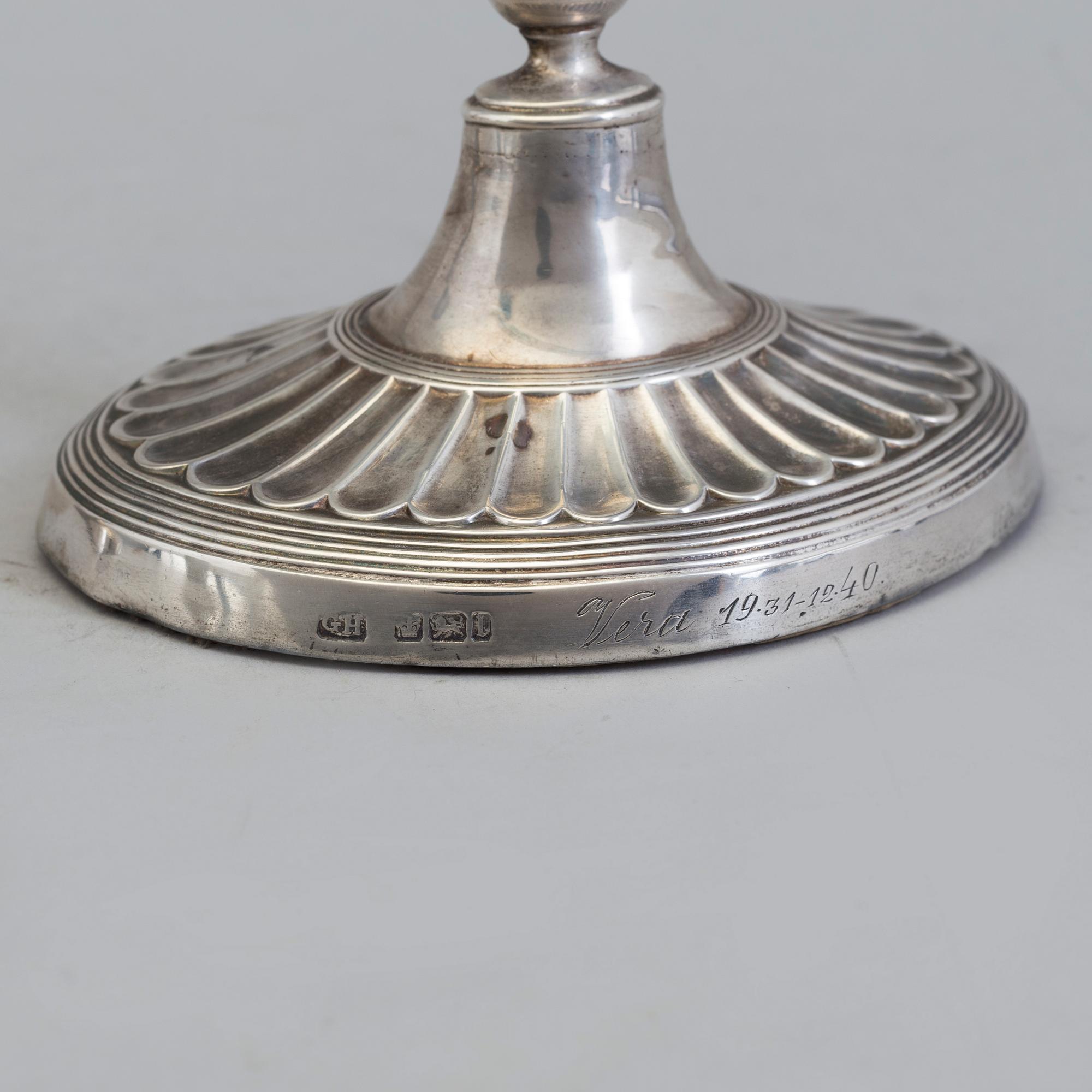 HARRISON BROTHERS & HOWSON, a pair of silver and mother of pearl candlesticks from Sheffield, England, 1926.