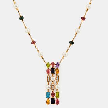 A Bulgari necklace "Allegra" in 18K gold set with coloured stones, cultured pearls and diamonds.