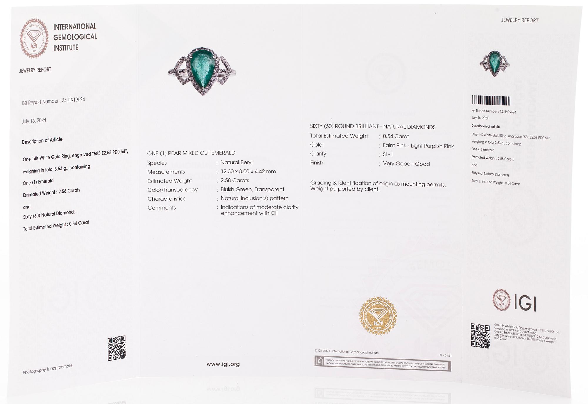 Sormus, 14K valkokultaa, pisaranmuotoinen smaragdi ja timantteja.