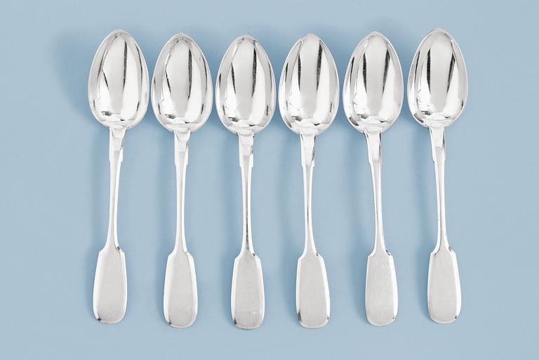 A SET OF SIX RUSSIAN SILVER DESSERT- SPOONS, makers mark of August Holmström, St. Petersburg 1908-1917.