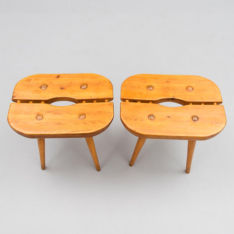 Ilmari Tapiovaara, Two mid 20th century special edition 'Pirkka' stools likely manufactured by Laukaan Puu, Finland.