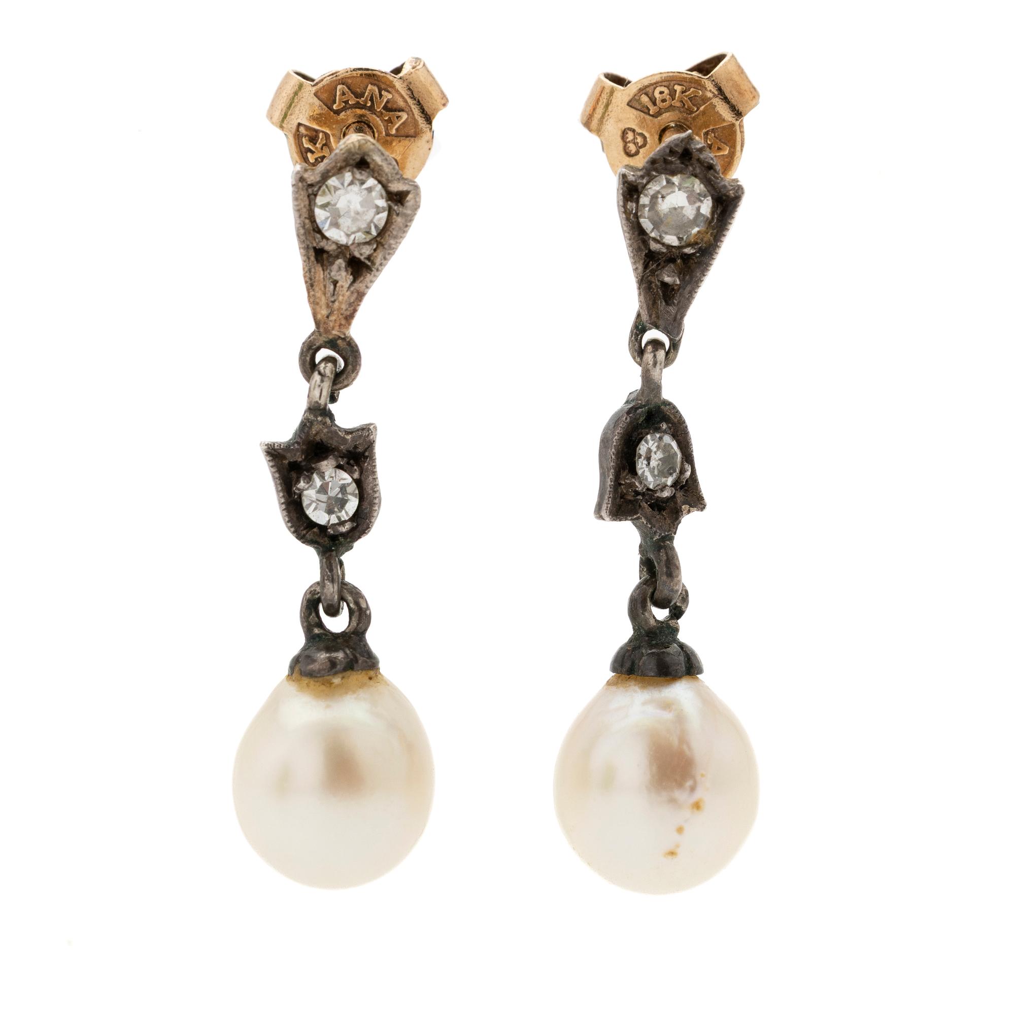 Earrings, a pair, 18K gold and silver with diamonds and cultured pearls.
