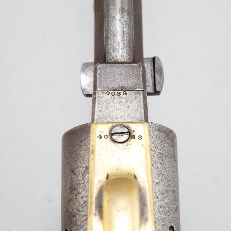 A Colt Dragoon first model percussion revolver with replacement barrel with British marks. serial no on other parts 4088.