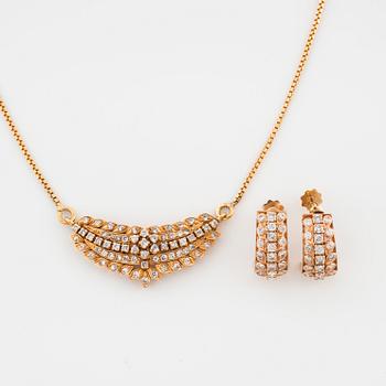 A collier and a pair of earrings set with brilliant cut diamonds, ca 1.30 ct in total.