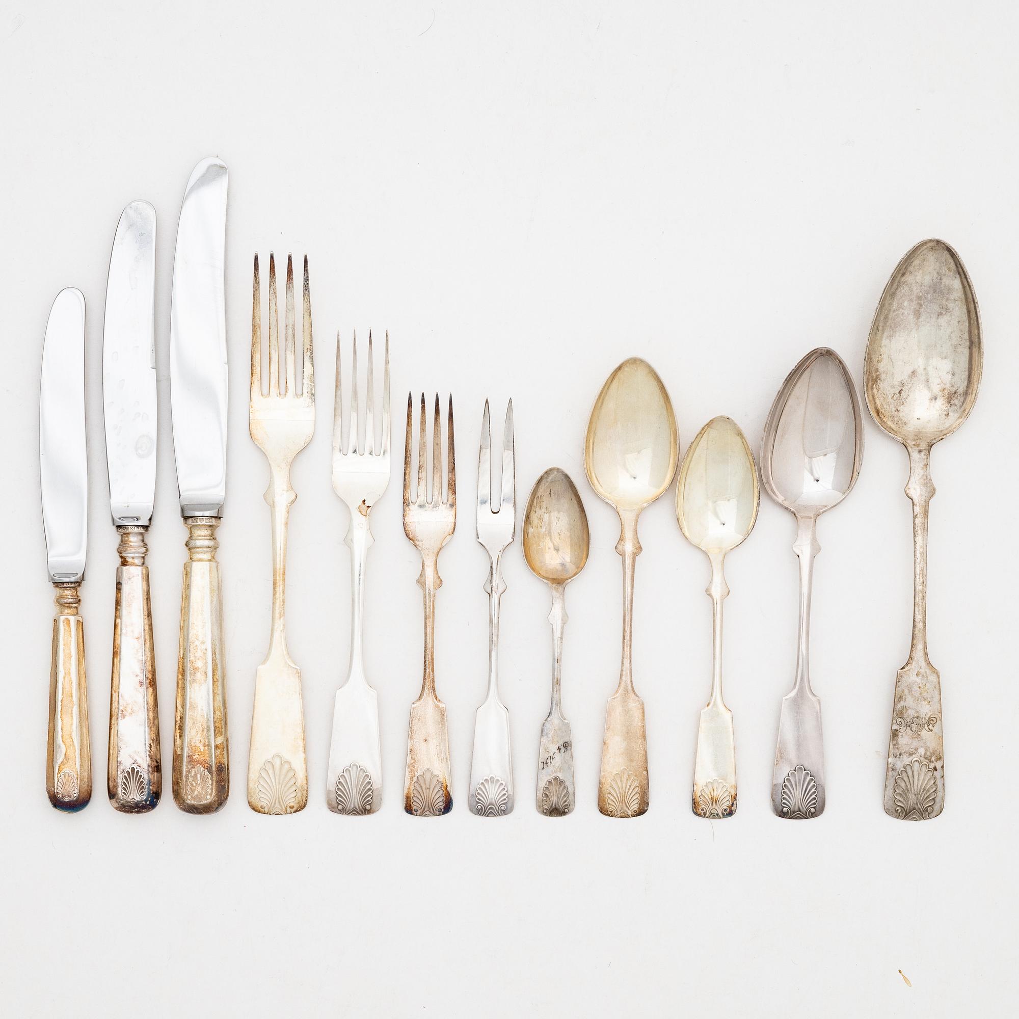 Cutlery set, 73 pieces, silver, "Musslan", Finland, first half of the 20th century.