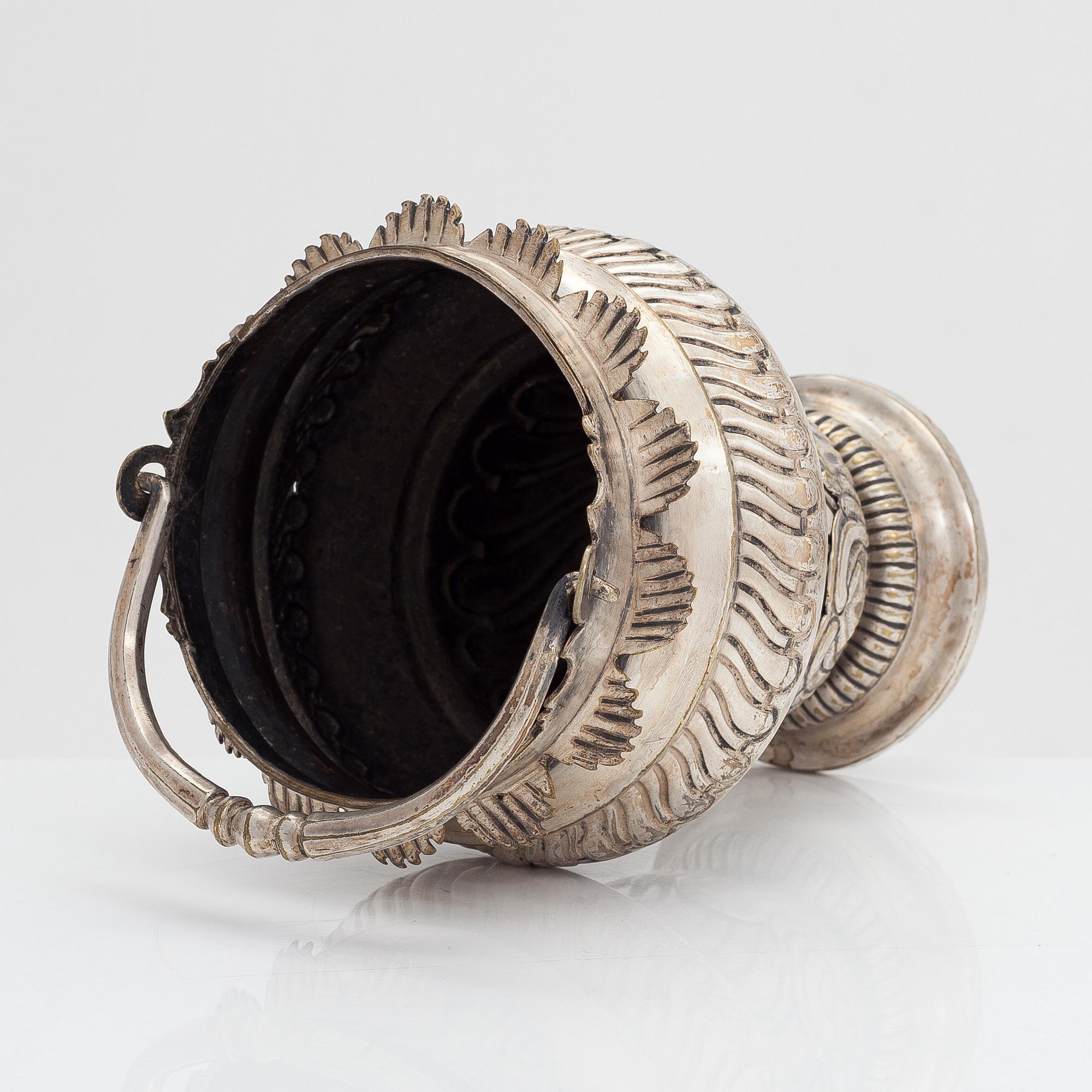 A silver plated brass Holy water bowl stamped L.G and dated 1774.