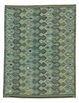 219. Barbro Nilsson, matto, "Kringelikroka, grön" ("Finspong"), flat weave, ca 227,5-231,5 x 174,5-178,5 cm, signed AB MMF BN.