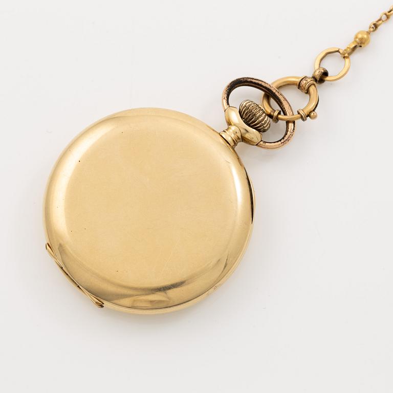 Pocket watch, Alpina, 14K gold, hunter, chain in 18K gold.