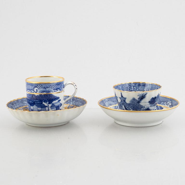 Three small porcelain plates and a cup with saucer, China, 18th century, and an English 19th century cup with saucer.