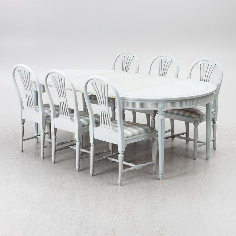 A Gustavian style seven-piece dining suite, mid-20th Century.