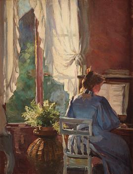 624. Emma Sparre, Sunlit interior with woman playing the piano.