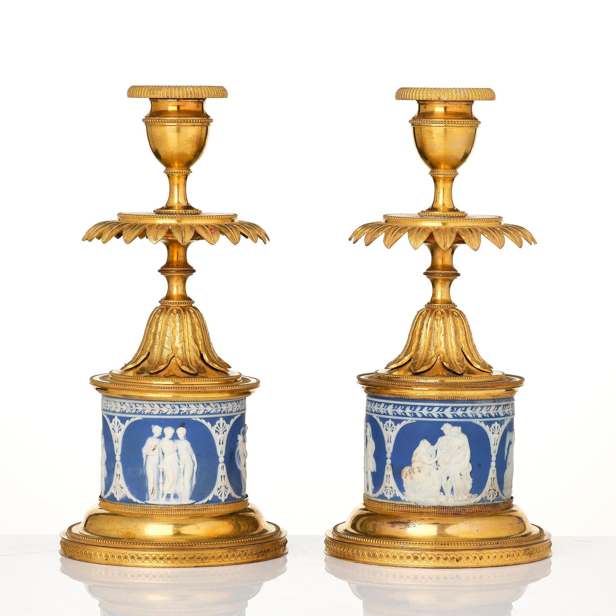 A pair of George III ormolu and jasperware candlesticks, late 18th century.