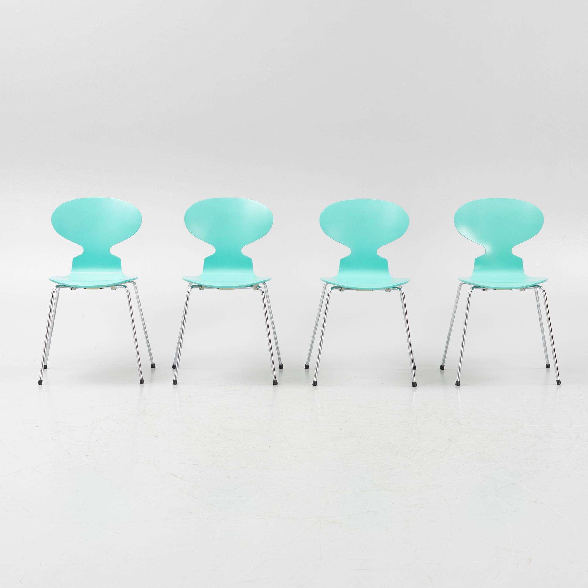 Arne Jacobsen, four 'Ant' chairs, Fritz Hansen, Denmark, 1992-97.