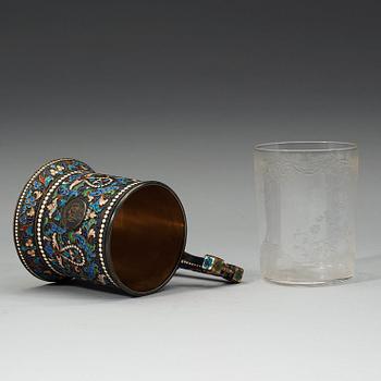 A Russian 19th century silver-gilt and enamel tea-glass holder, unidentified makers mark, Moscow 1880's.