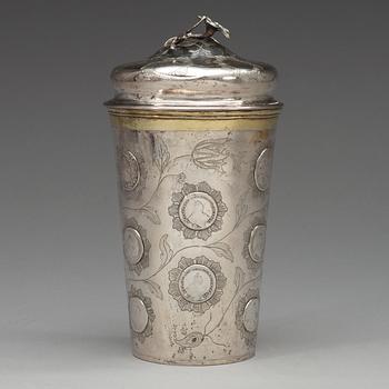 A Baltic 18th century pacel-gilt beaker and cover, unidentified makers mark.