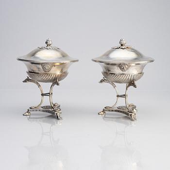 A pair of Swedish early 19th century silver suger bowls with lids, marks of Johan Fredrik Björnstedt, Stockholm 1818.