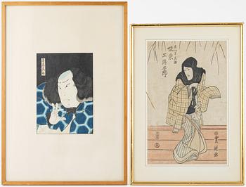 Toyokuni II samt Hirosada Utagawa, färgträsnitt, två stycken, Japan.