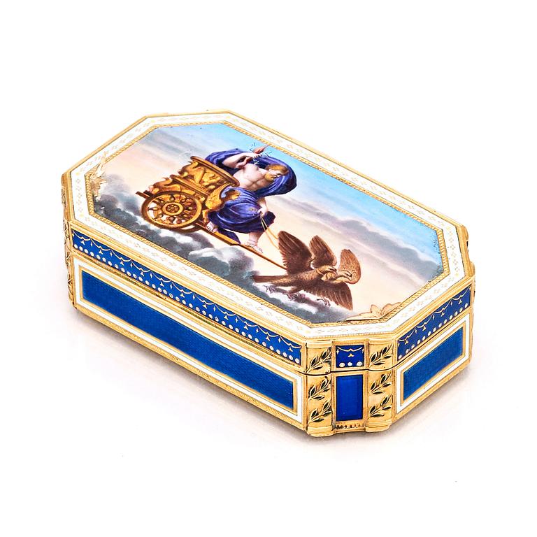An early 19th century gold and enamel box, unidentified makers mark, possibly Hanau, Empire.