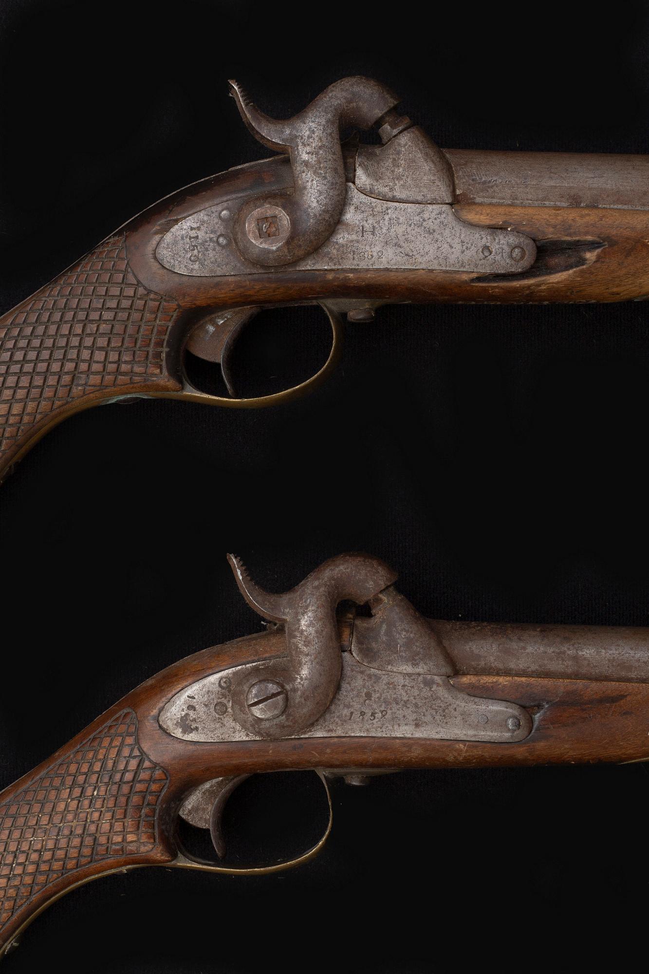Two Swedish cavalry percussion lock pistols model 1850, marked 1852.