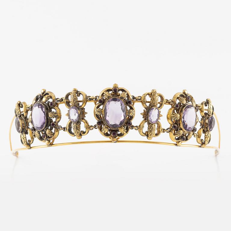 Tiara, gilded metal with faceted amethysts.