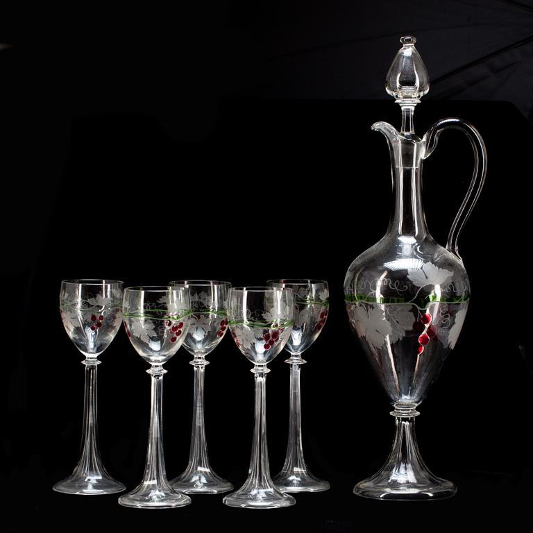 KARAFF MED VINGLAS, 1+5. Glas, jugend, sekelskiftet 1900.