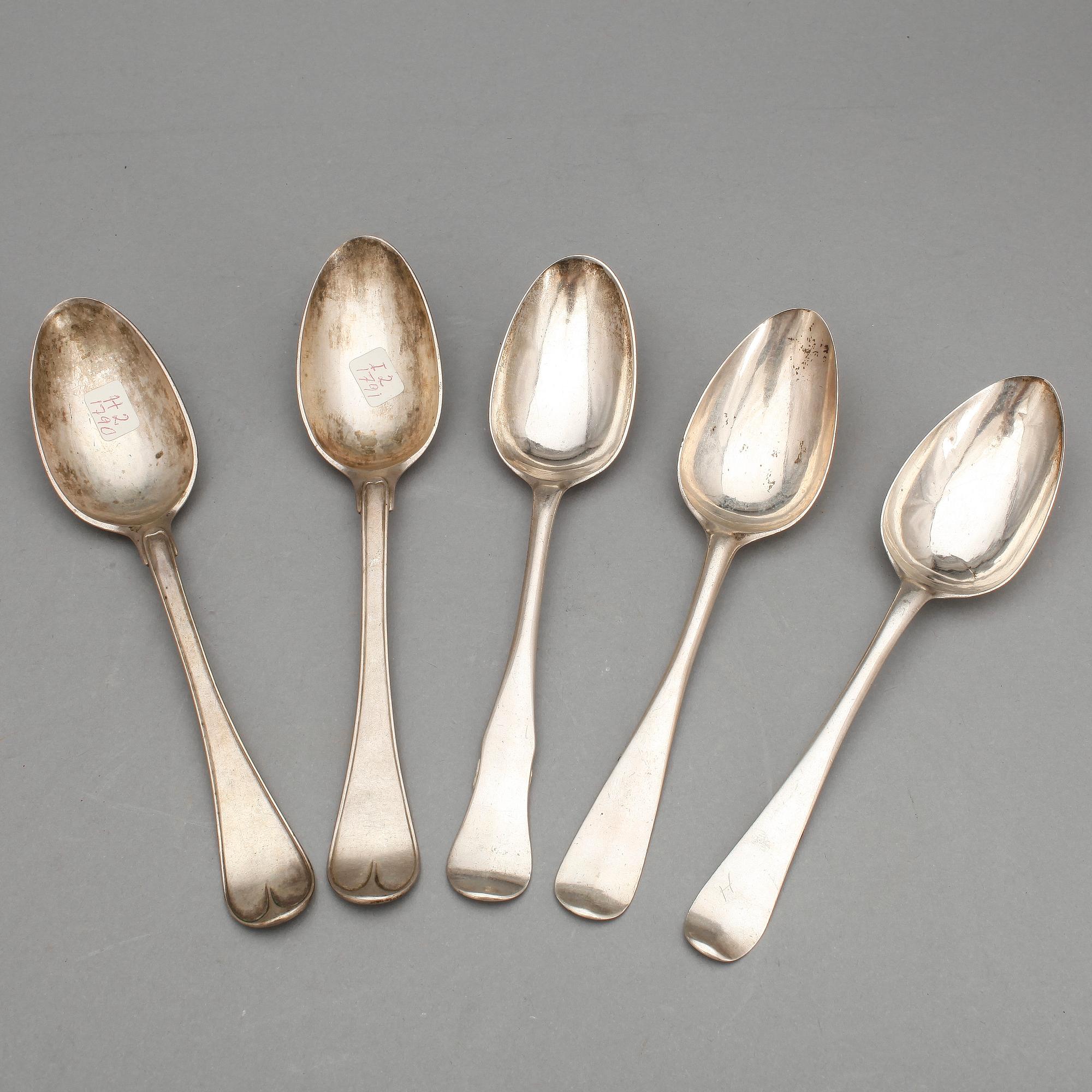MATSKEDAR, 5 st, silver, bla Lars Boye och Petter Eneroth, Stockholm, 1700-tal. Tot ca 286 gram.