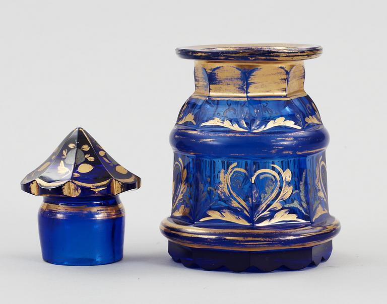 A gilt Russian blue glass tea caddy with cover, 19th Century.