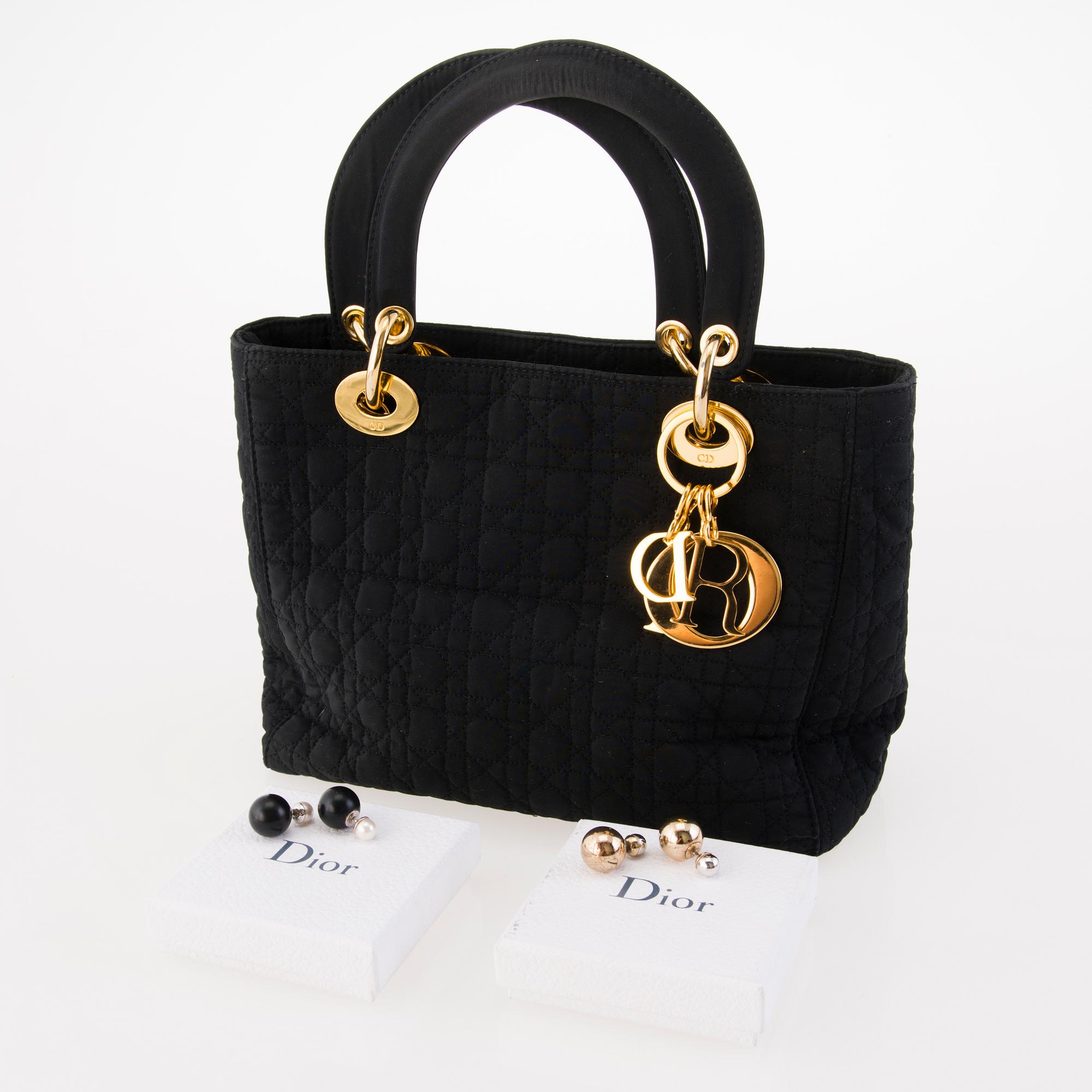CHRISTIAN DIOR Lady Dior Handbag and Two Pairs of Tribal Earrings.