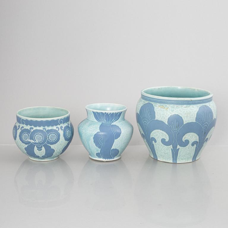 Josef Ekberg, three jars, a vase and a table lamp, 'Sgrafitto', Gustavsberg 1910s/1920s.