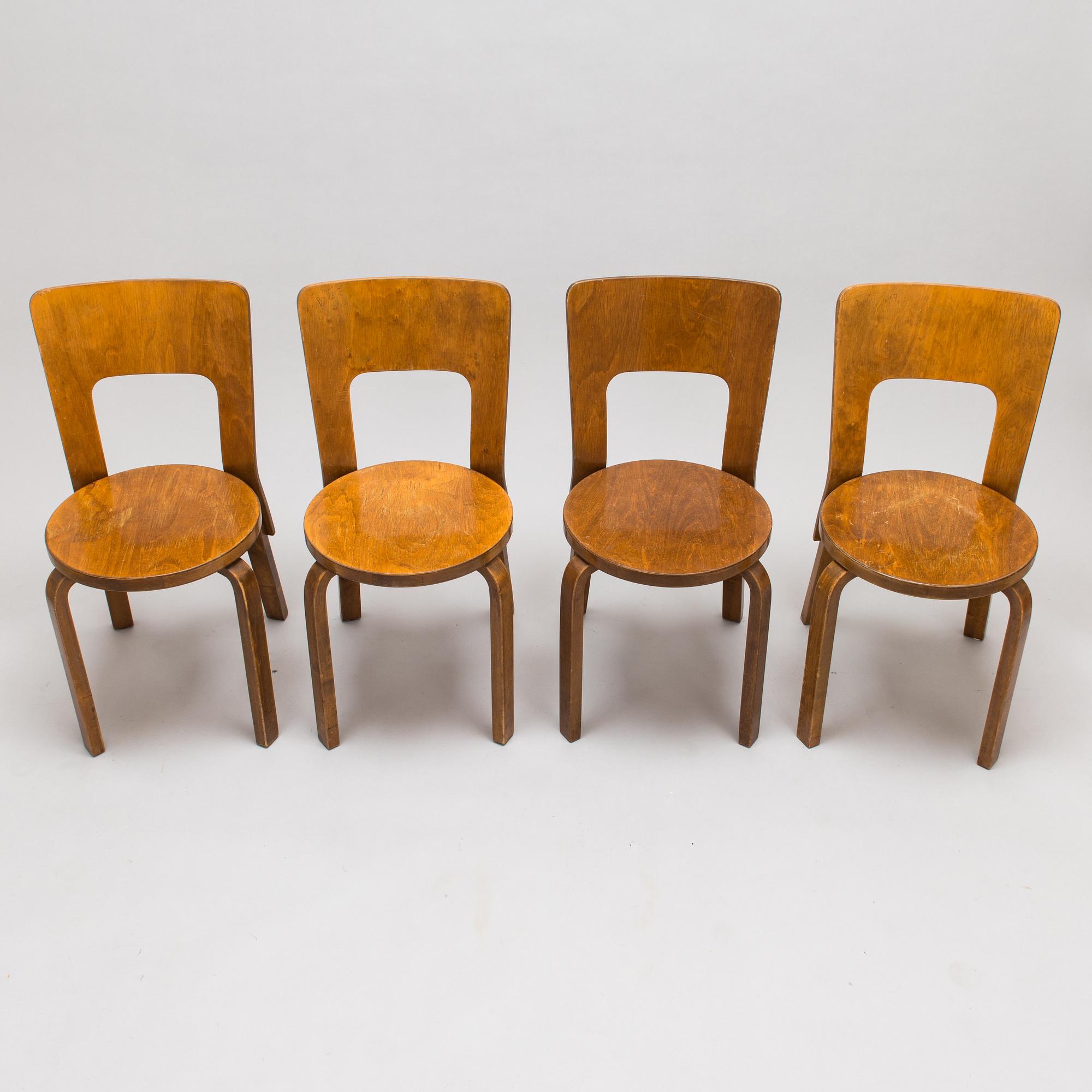 Alvar Aalto, four '66' chairs, O.Y. Huonekalu-ja Rakennustyötehdas A.B. Finland, 1930's/1940's.