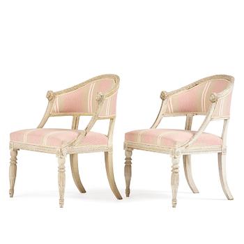 74. A pair of late Gustavian open.back armchairs, Stockholm, late 18th century.