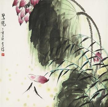 MÅLNING, av Wu Xiu (1932-2015), "Louts and reed", signerad och daterad 2007.