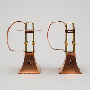 Pair of Art Nouveau brass and copper candlesticks by Carl Deffner.