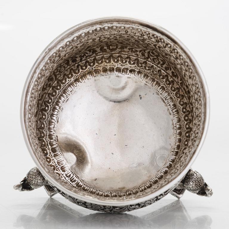 A 19th-century lidded tripod silver bowl, India.