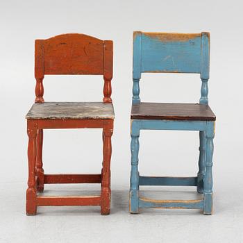 Chairs, five pieces, similar, folk art, late 19th century.