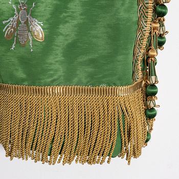 Curtain, patterned emerald green silk.