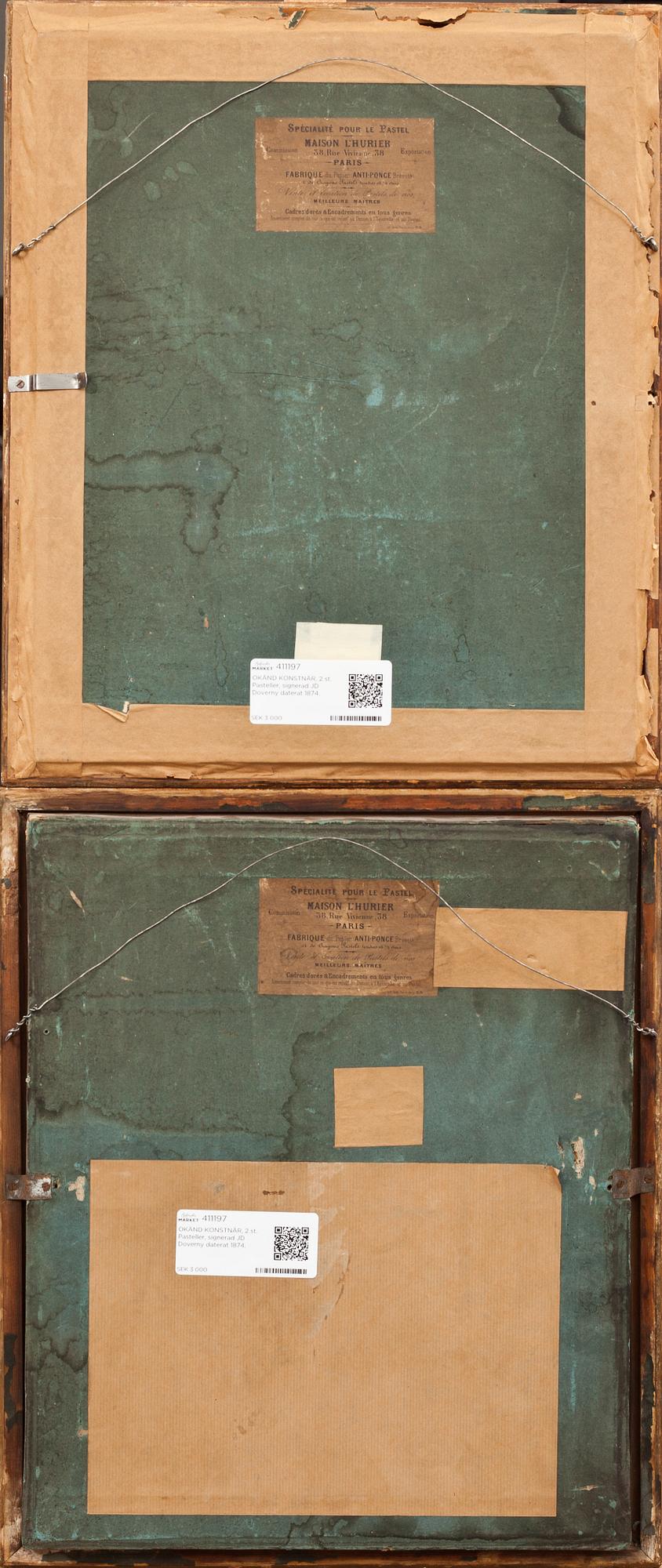 OKÄND KONSTNÄR, 2 st. Pasteller, signerad JD Doverny daterat 1874.