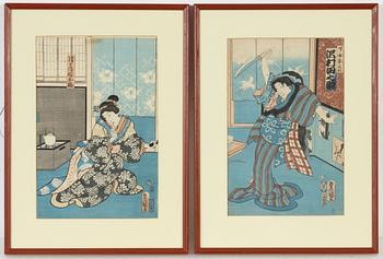 Utagawa Kunisada, färgträsnitt, 2 st, Japan, 1800-talets mitt.