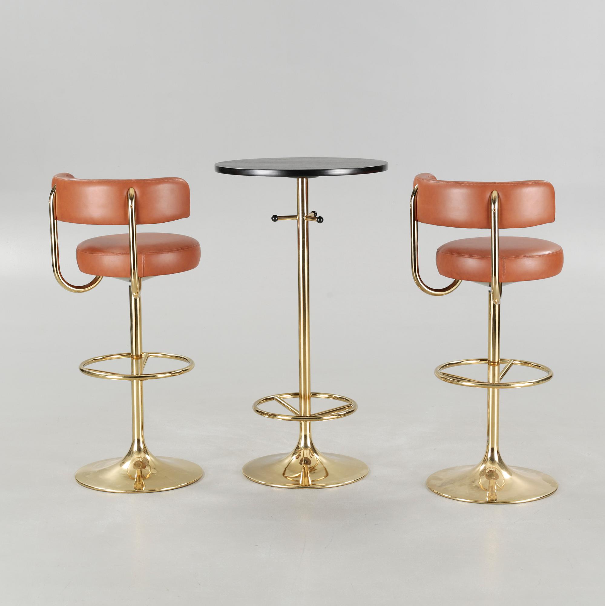 Two bar stools and a bar table by Börje Johanson, model "Jupiter", for Johanson design, second half of the 20th century.