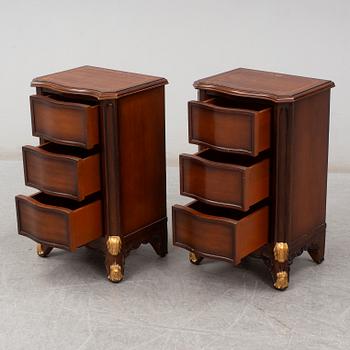 a set of a mahogany veneered and guilded rococo-style bed and two bedside tables.