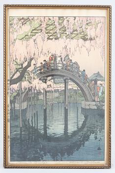 Hiroshi Yoshida, after, a colour woodblock print "Kameido Bridge", Japan, 20th century.