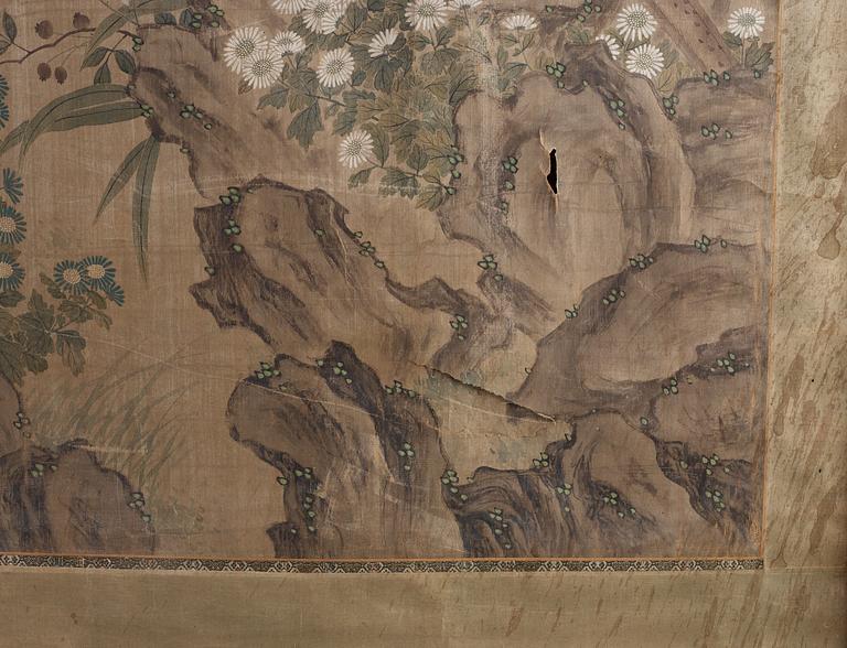 A hanging scroll of birds in a flowering garden. Qing dynasty, presumably 19th Century.