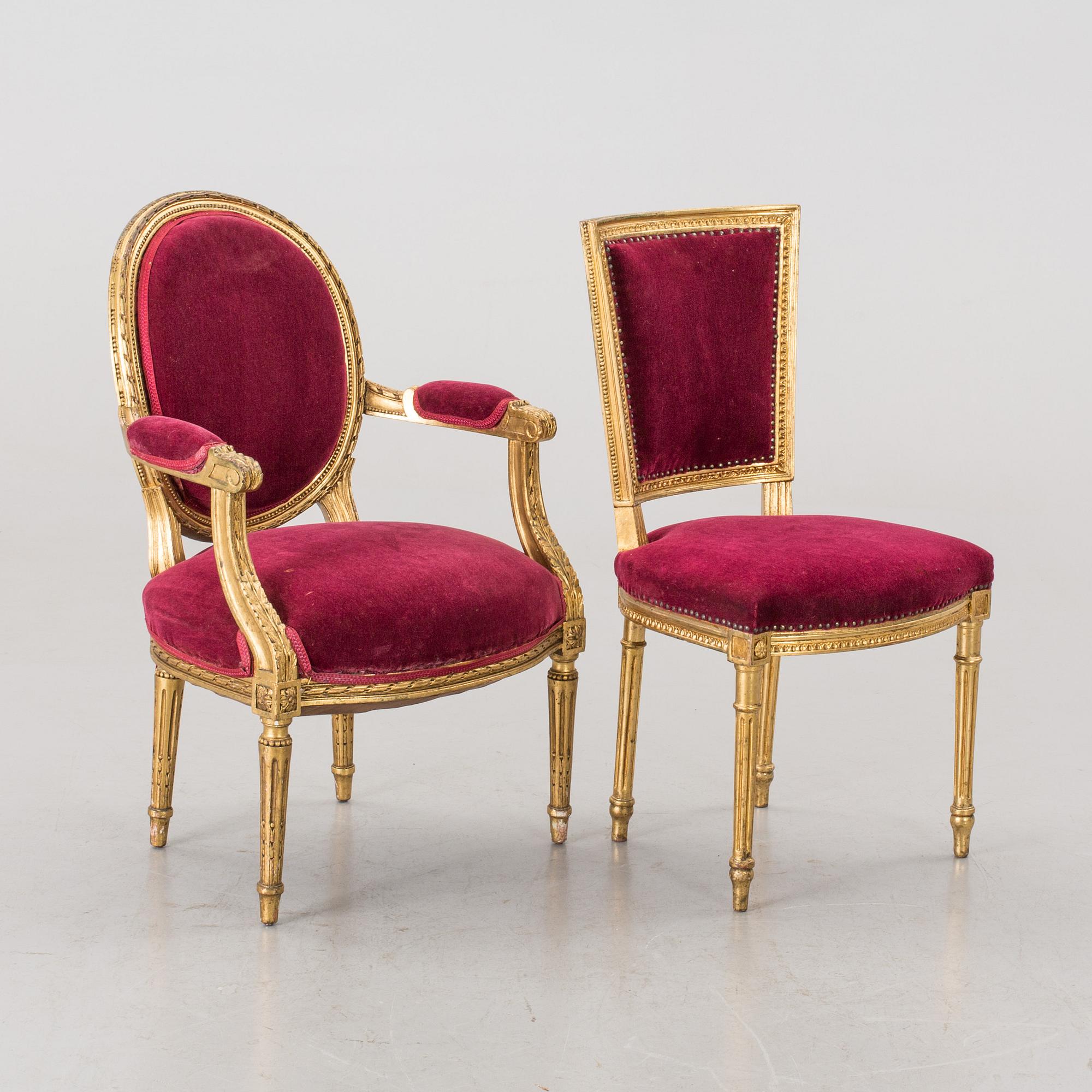 An Gustavian-style chair and armchair, early 1900's.