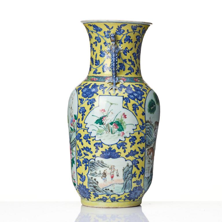 A famille rose yellow ground vase, late Qing dynasty.