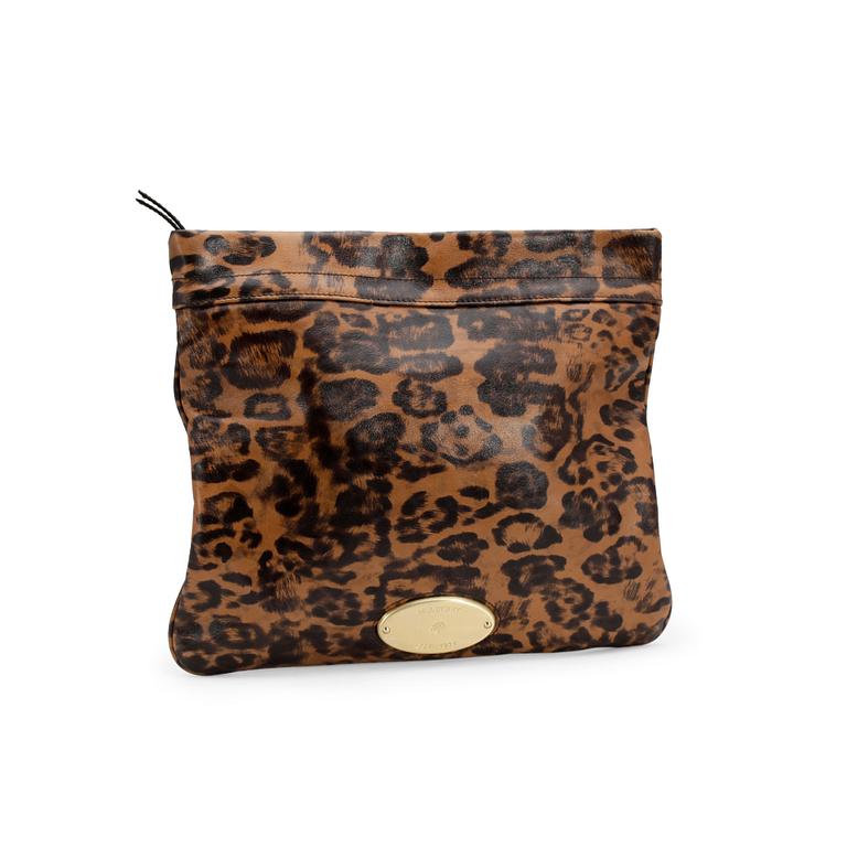 MULBERRY, a leopard printed leather clutch with gold colored hardwear.