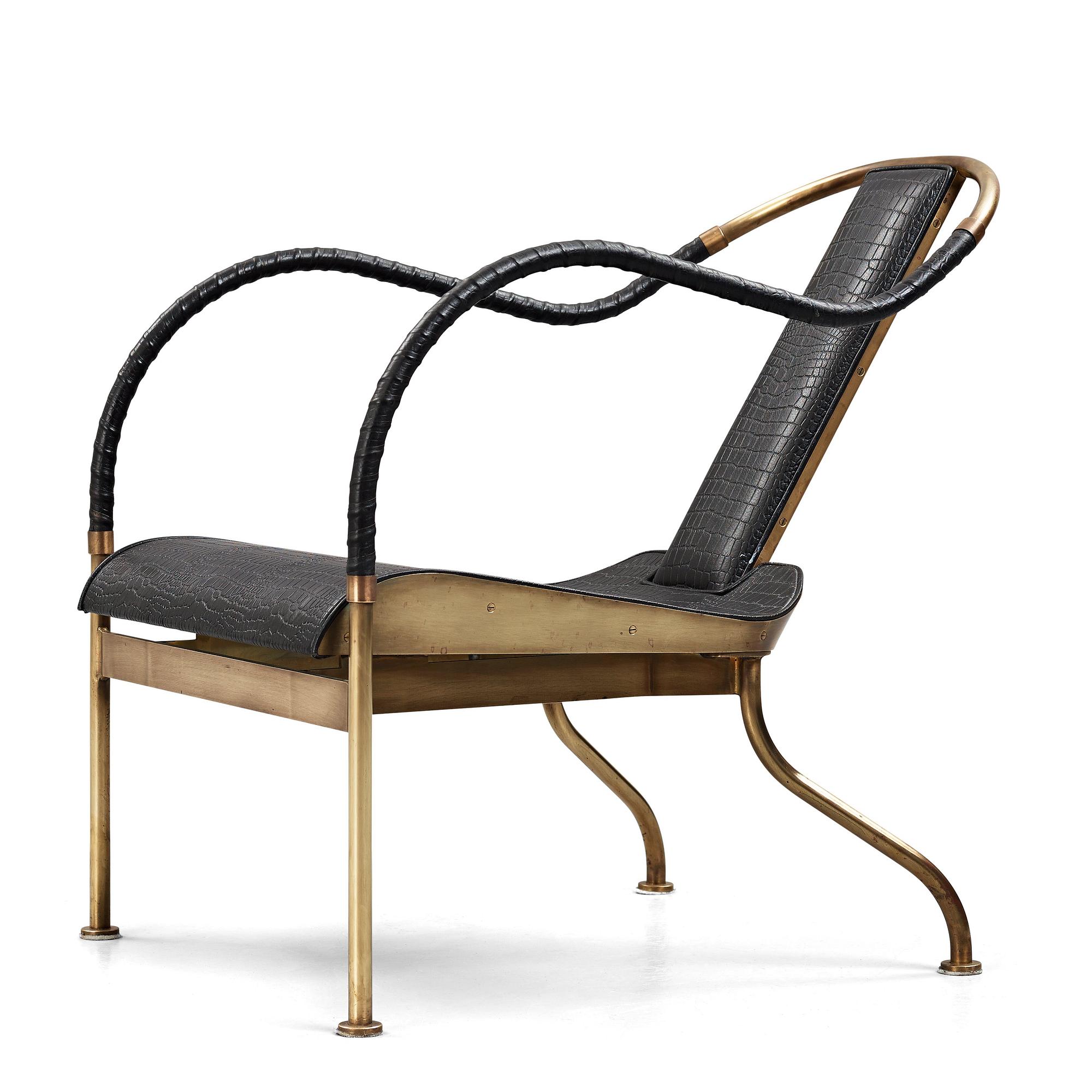 Mats Theselius, a brass and black leather el Rey chair, edition Källemo Sweden post 1999.