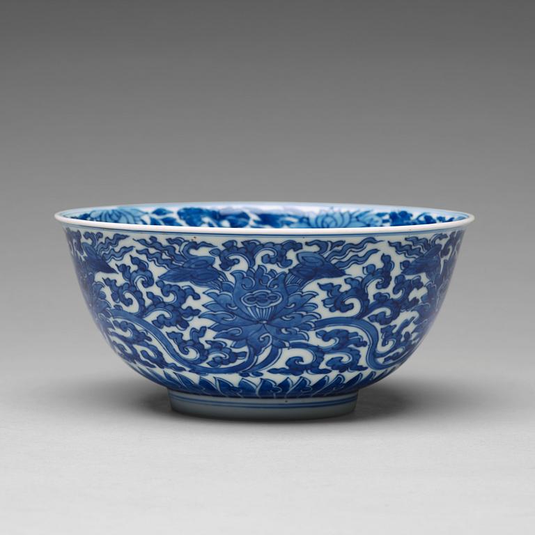 A blue and white lotus bowl, Qing dynasty, with  Kangxi mark and period (1662-1722).